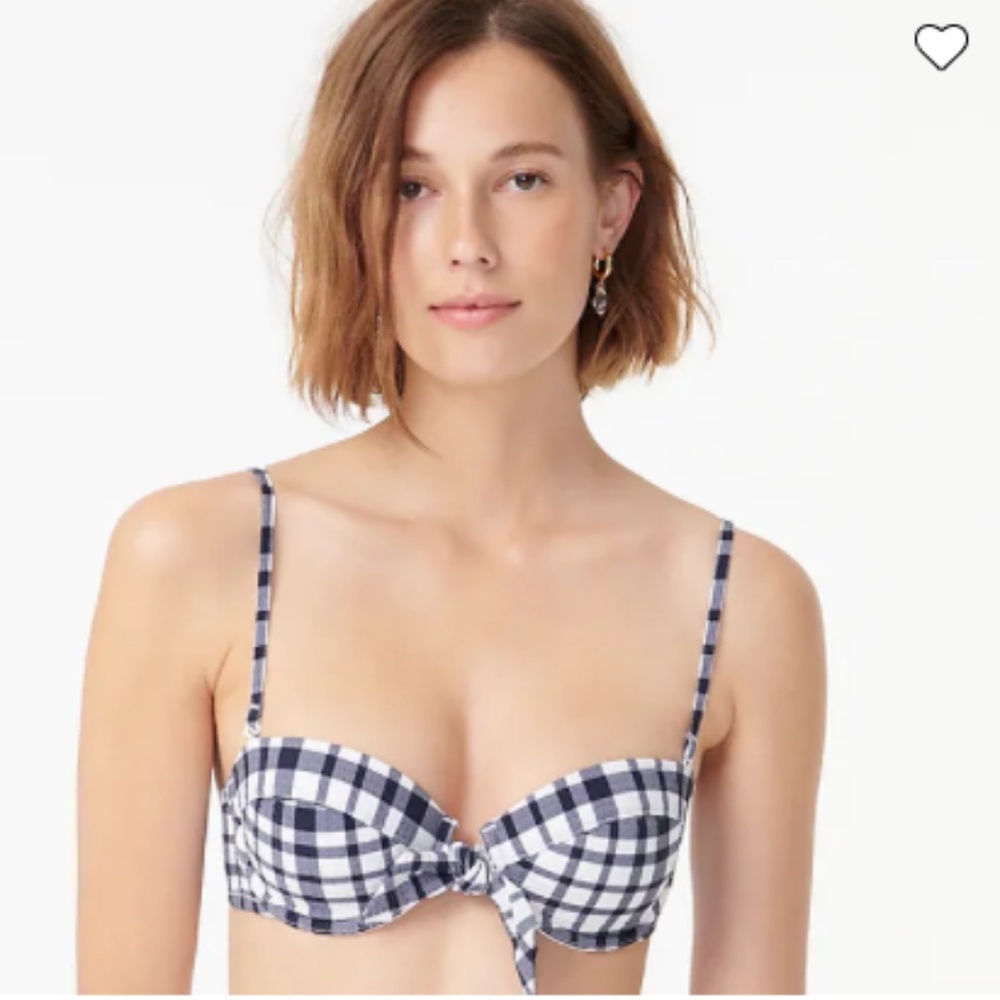 J Crew Tie-front Underwire Bikini Top in Navy Blue and White Preppy Marine Plaid